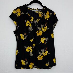 Daniel Rainn Seneca Black and Yellow Floral Scallop Sleeve Blouse LP